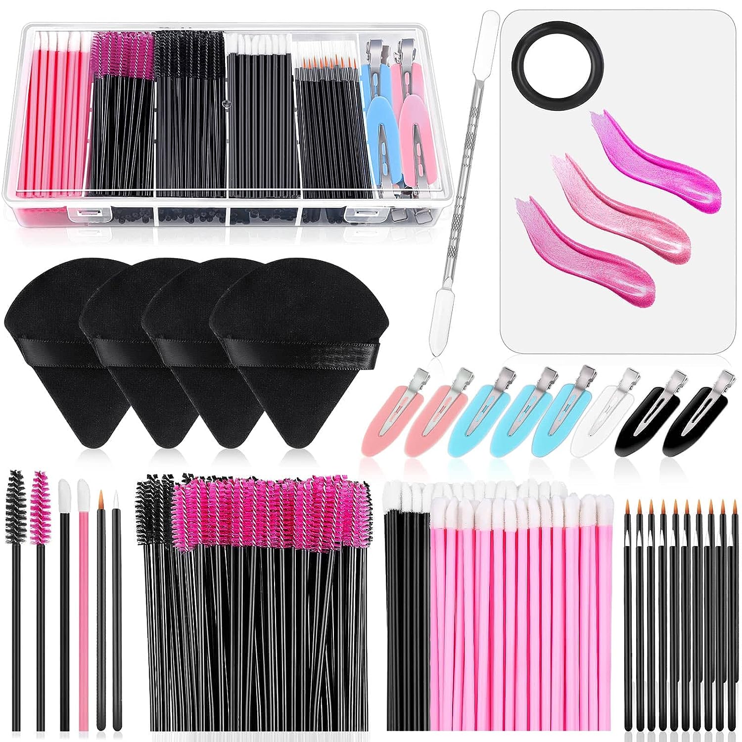 230816033322723_1 Disposable Makeup Applicators Kit with Triangle Makeup Puff Makeup Mixing Palette Makeup Artist Supplies Disposable Mascara Wands, Lip Brushes, Hair Clips Powder Puffs for Face with Storage Box - Image 1